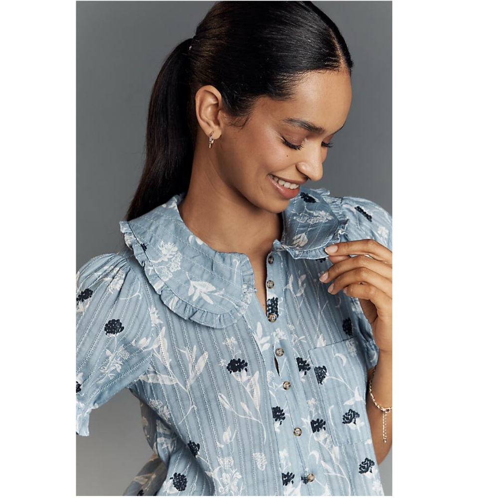 Pilcro Light Blue Floral Button-Down Shirt - Picture 3 of 12